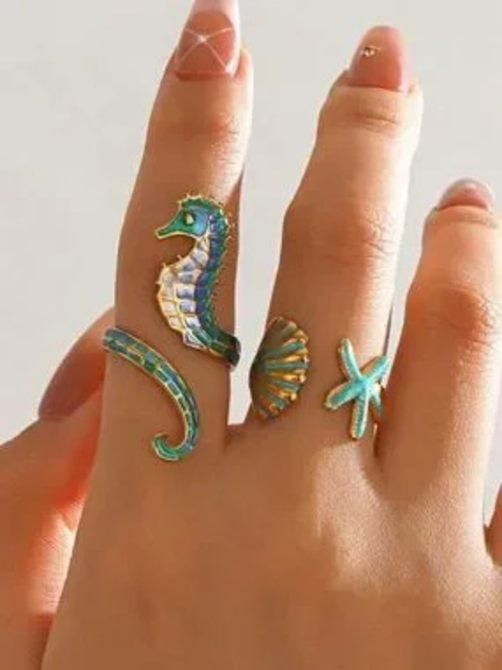 Gold Turquoise Seahorse & Sea Shell Ring Set - Picture 2 of 5